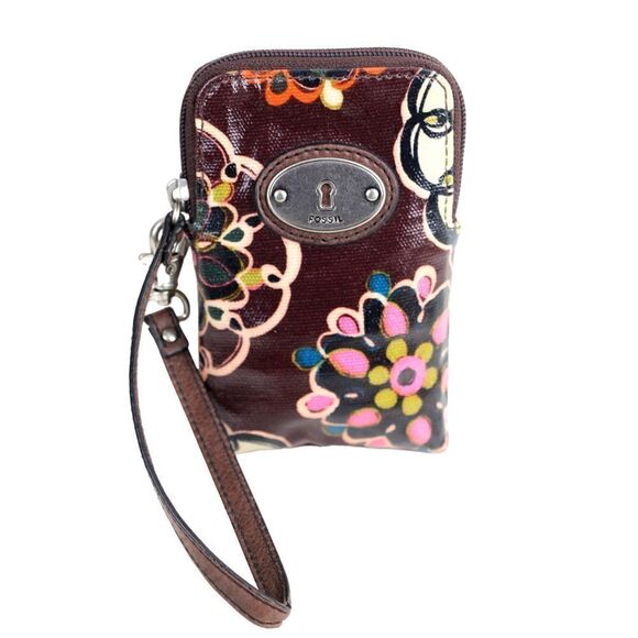 Fossil Key-Per COATED BROWN CANVAS FLORAL PRINT ID BILL CARD ZIP WALLET WRISTLET - Picture 1 of 9